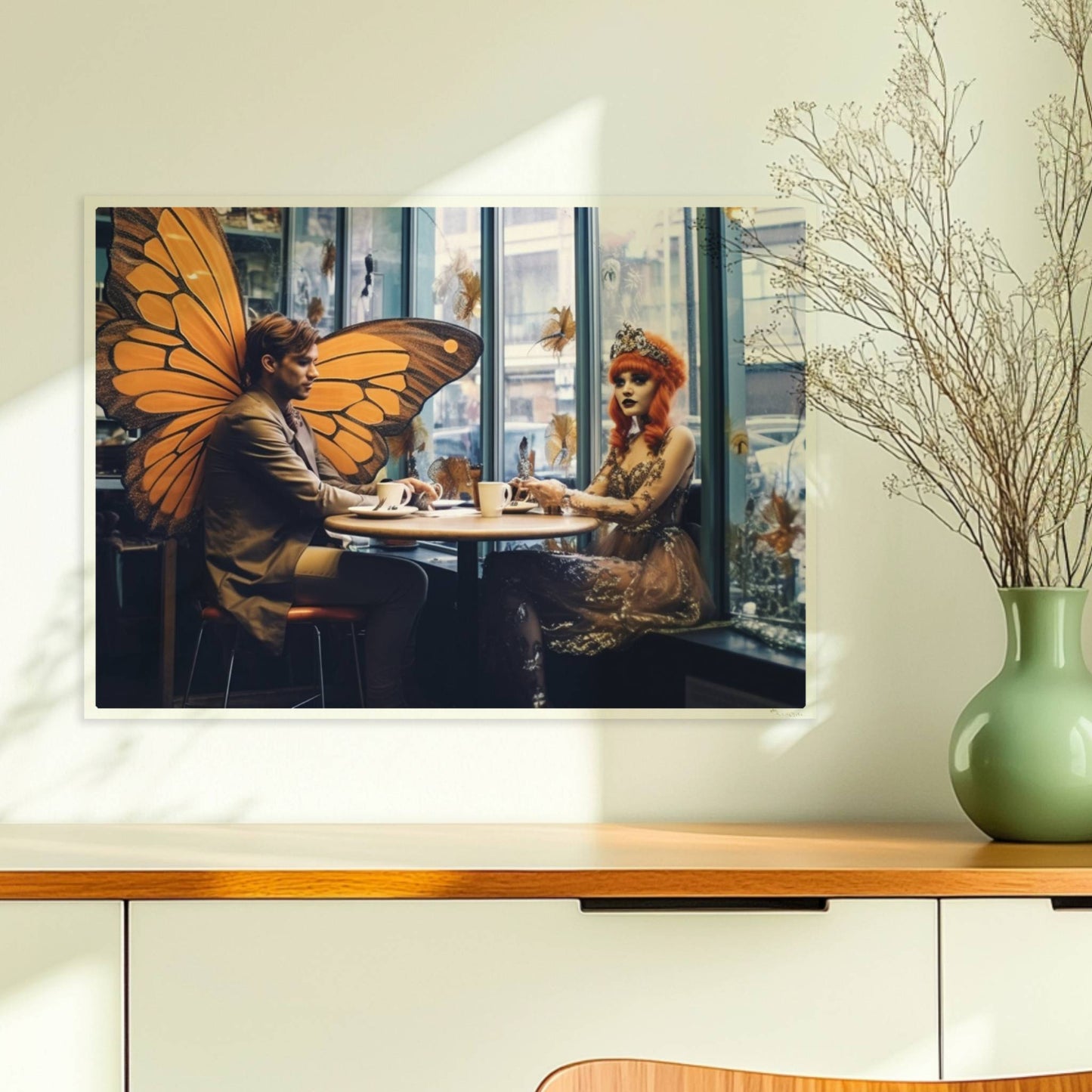Fantasiehaftes Paar mit großen orangefarbenen Schmetterlingsflügeln sitzt in einem stilvollen Café am Fenster, genießt Kaffee.. Ohne Rahmen 70x50