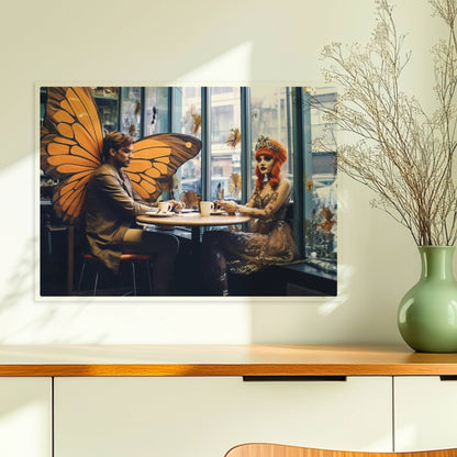 Fantasiehaftes Paar mit großen orangefarbenen Schmetterlingsflügeln sitzt in einem stilvollen Café am Fenster, genießt Kaffee.. Ohne Rahmen 70x50