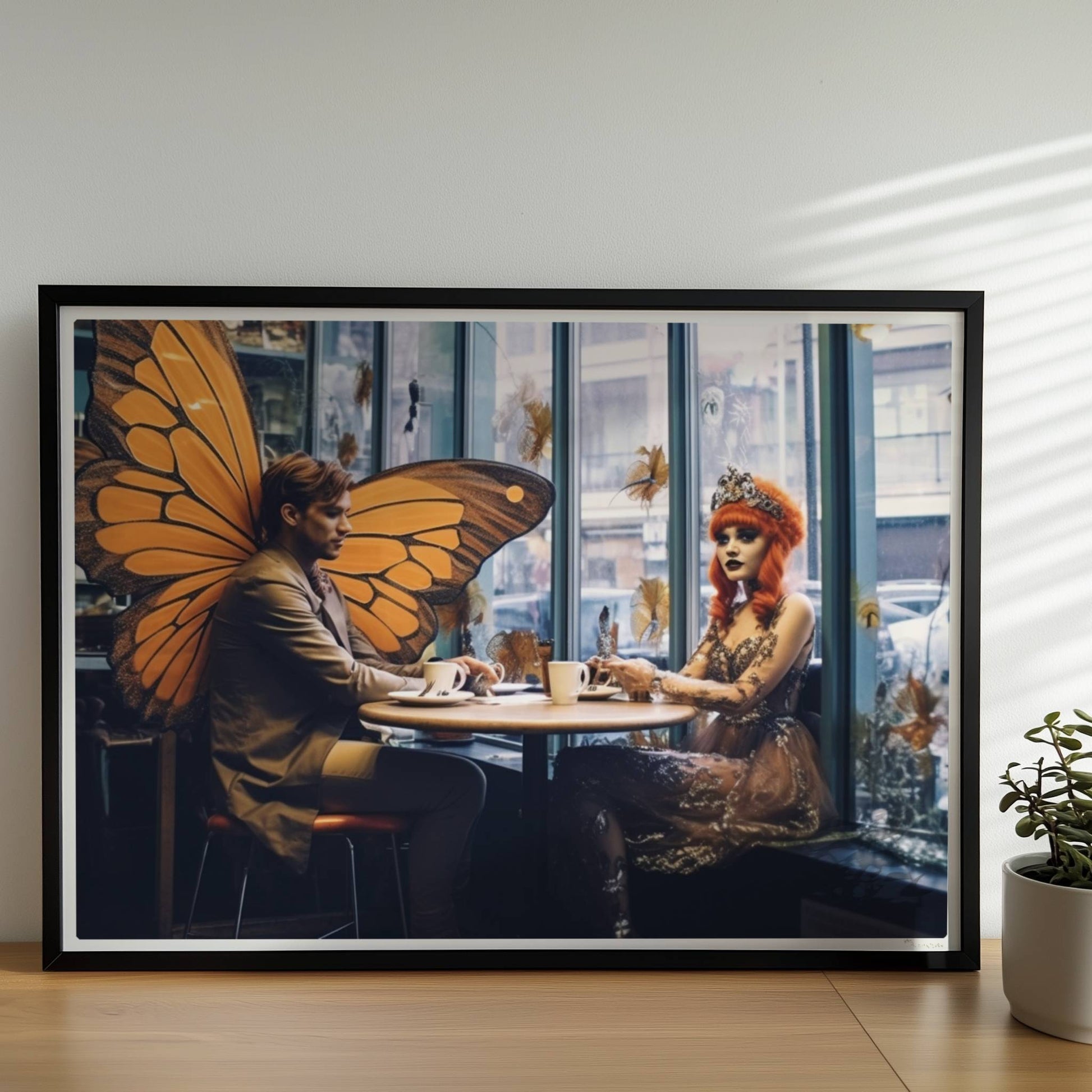 Fantasiehaftes Paar mit großen orangefarbenen Schmetterlingsflügeln sitzt in einem stilvollen Café am Fenster, genießt Kaffee.. Rahmen schwarz 70x50