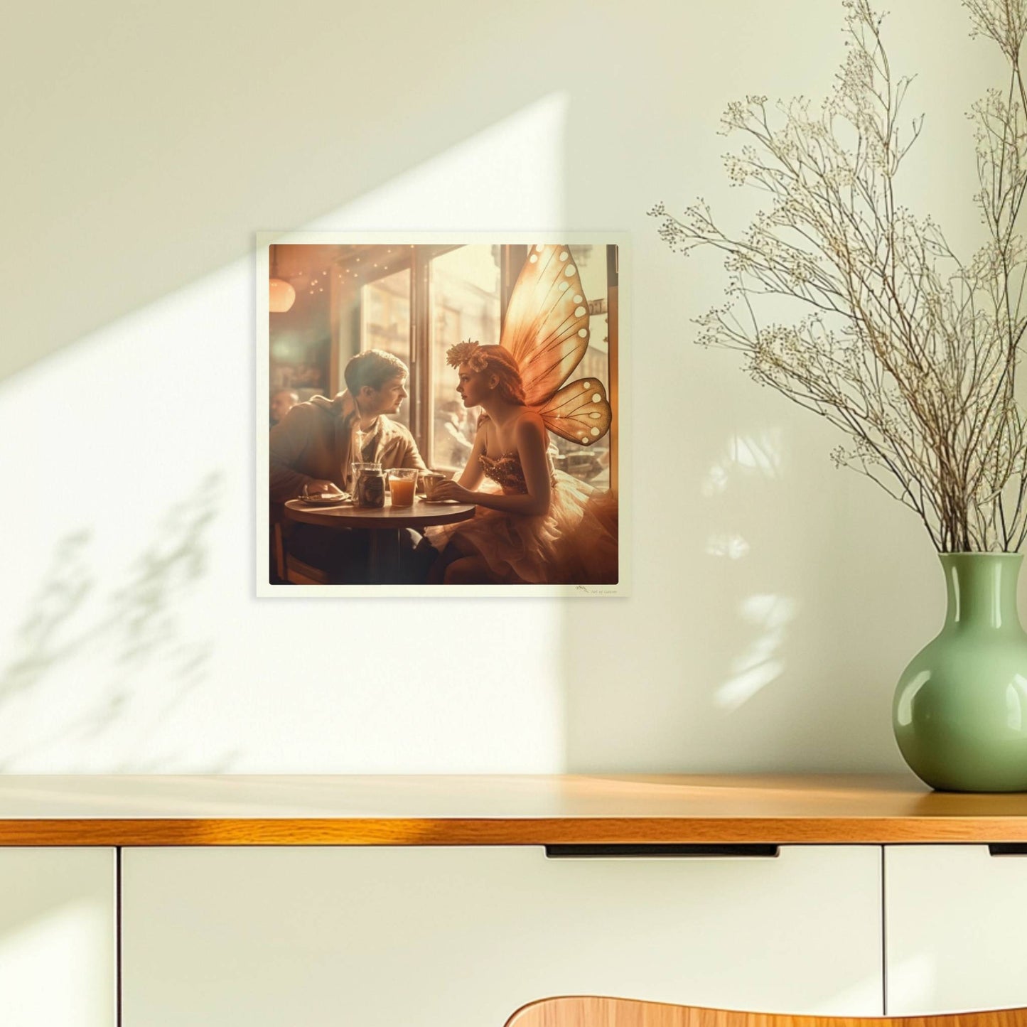 Ein verliebtes Paar sitzt in einem stimmungsvollen Café, die Frau trägt ein Feenkostüm mit großen, leuchtenden Schmetterlingsflügeln, romantische Lichtstimmung.. Ohne Rahmen 30x30