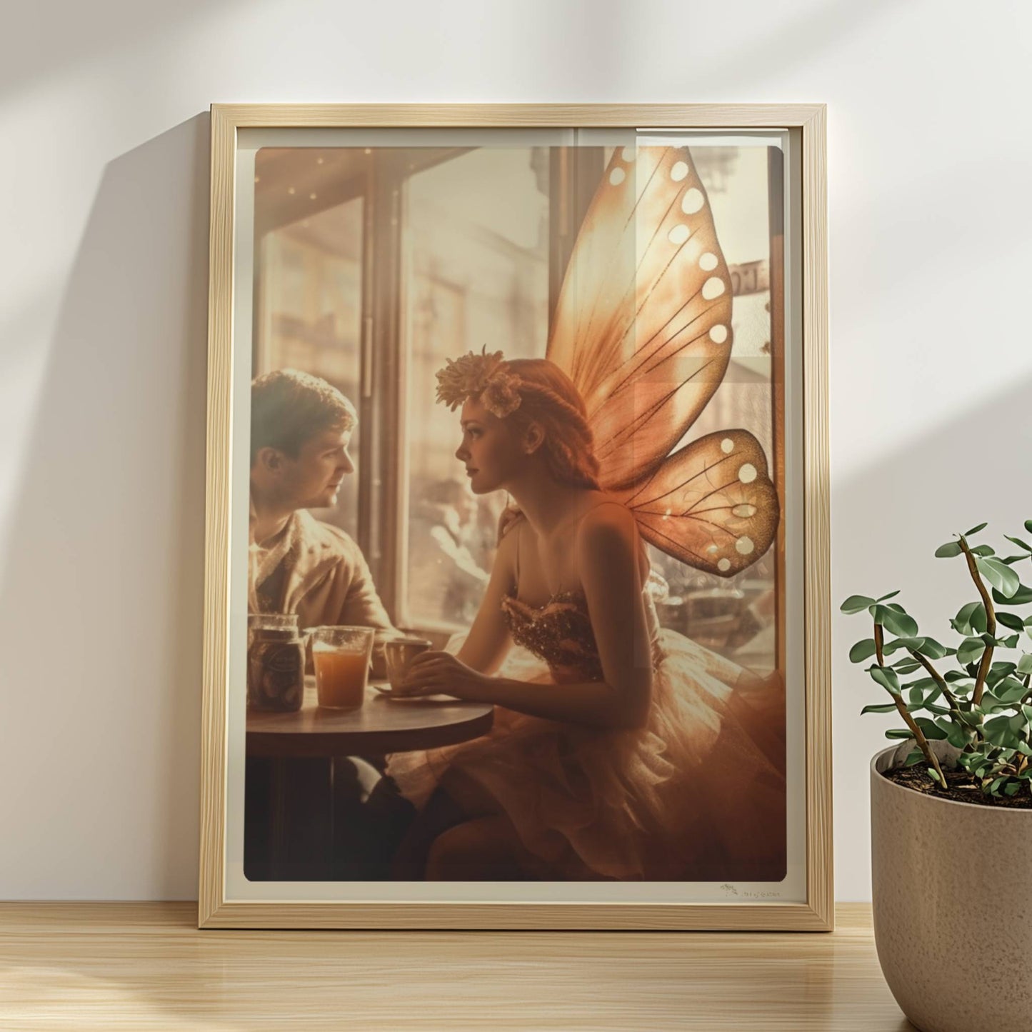 Ein verliebtes Paar sitzt in einem stimmungsvollen Café, die Frau trägt ein Feenkostüm mit großen, leuchtenden Schmetterlingsflügeln, romantische Lichtstimmung.. Rahmen natur 30x40