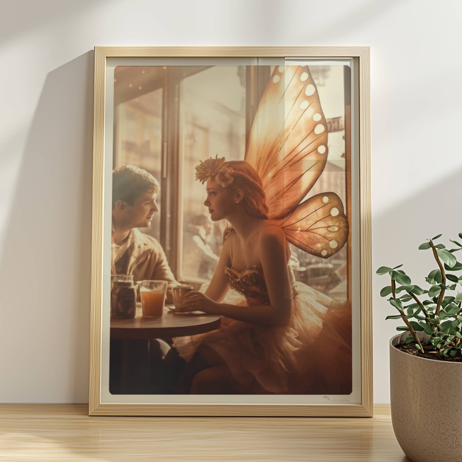 Ein verliebtes Paar sitzt in einem stimmungsvollen Café, die Frau trägt ein Feenkostüm mit großen, leuchtenden Schmetterlingsflügeln, romantische Lichtstimmung.. Rahmen natur 30x40
