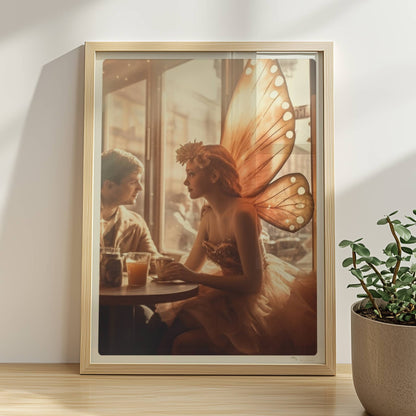 Ein verliebtes Paar sitzt in einem stimmungsvollen Café, die Frau trägt ein Feenkostüm mit großen, leuchtenden Schmetterlingsflügeln, romantische Lichtstimmung.. Rahmen natur 30x40
