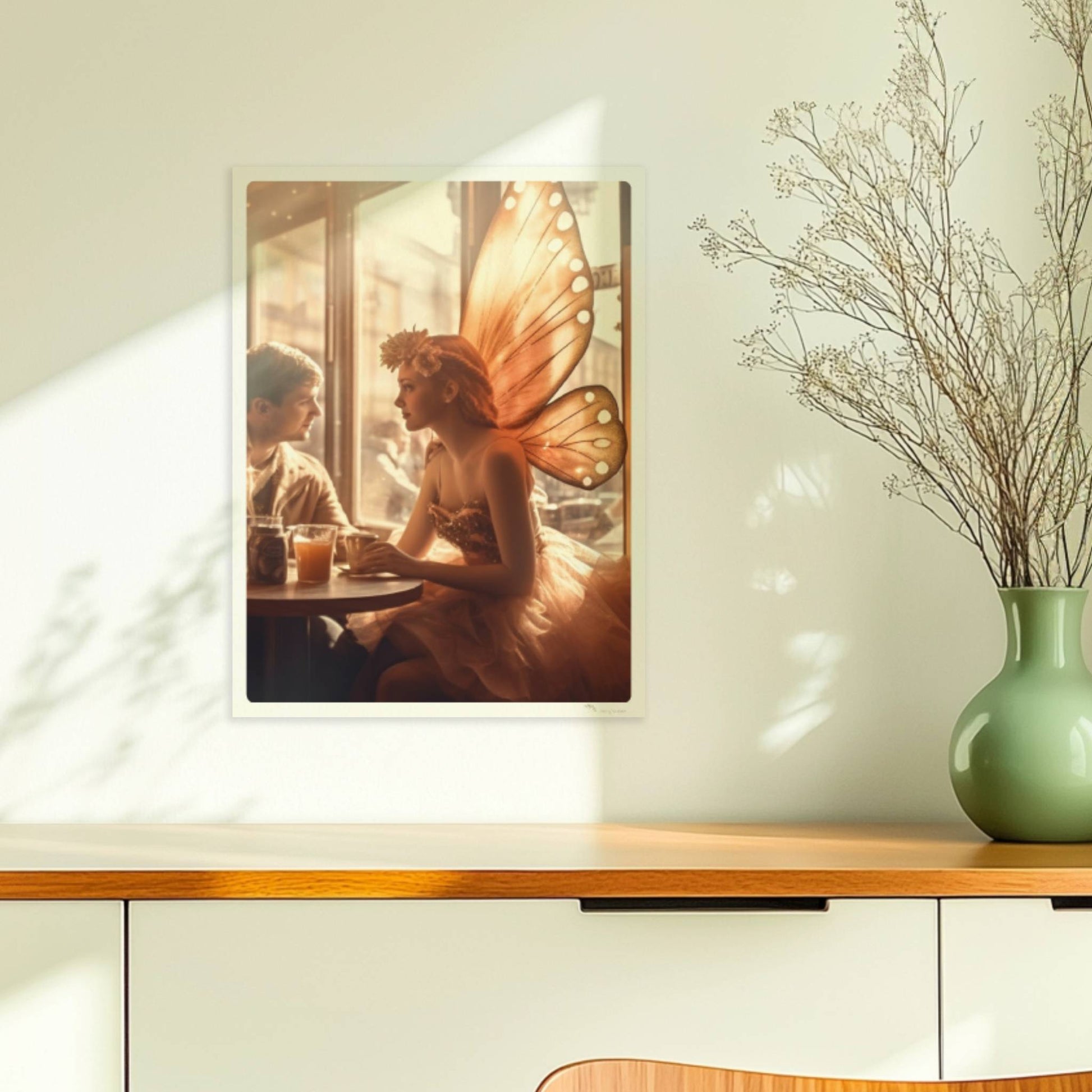 Ein verliebtes Paar sitzt in einem stimmungsvollen Café, die Frau trägt ein Feenkostüm mit großen, leuchtenden Schmetterlingsflügeln, romantische Lichtstimmung.. Ohne Rahmen 30x40