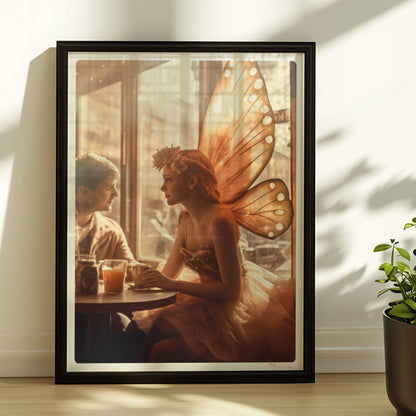Ein verliebtes Paar sitzt in einem stimmungsvollen Café, die Frau trägt ein Feenkostüm mit großen, leuchtenden Schmetterlingsflügeln, romantische Lichtstimmung.. Rahmen schwarz 30x40