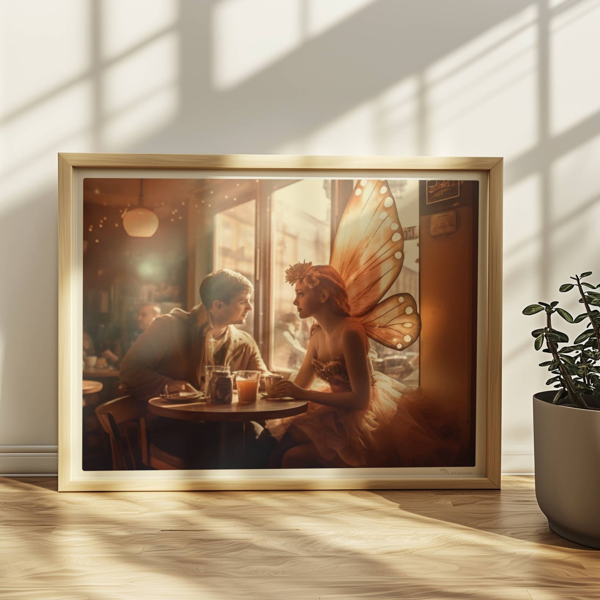 Ein verliebtes Paar sitzt in einem stimmungsvollen Café, die Frau trägt ein Feenkostüm mit großen, leuchtenden Schmetterlingsflügeln, romantische Lichtstimmung.. Rahmen natur 40x30