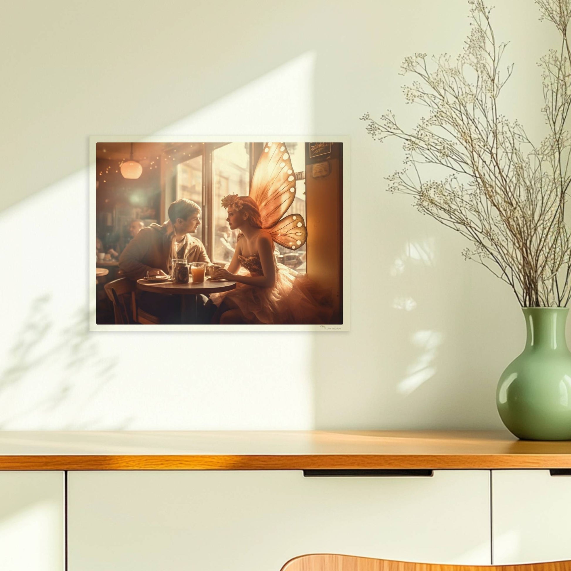 Ein verliebtes Paar sitzt in einem stimmungsvollen Café, die Frau trägt ein Feenkostüm mit großen, leuchtenden Schmetterlingsflügeln, romantische Lichtstimmung.. Ohne Rahmen 40x30