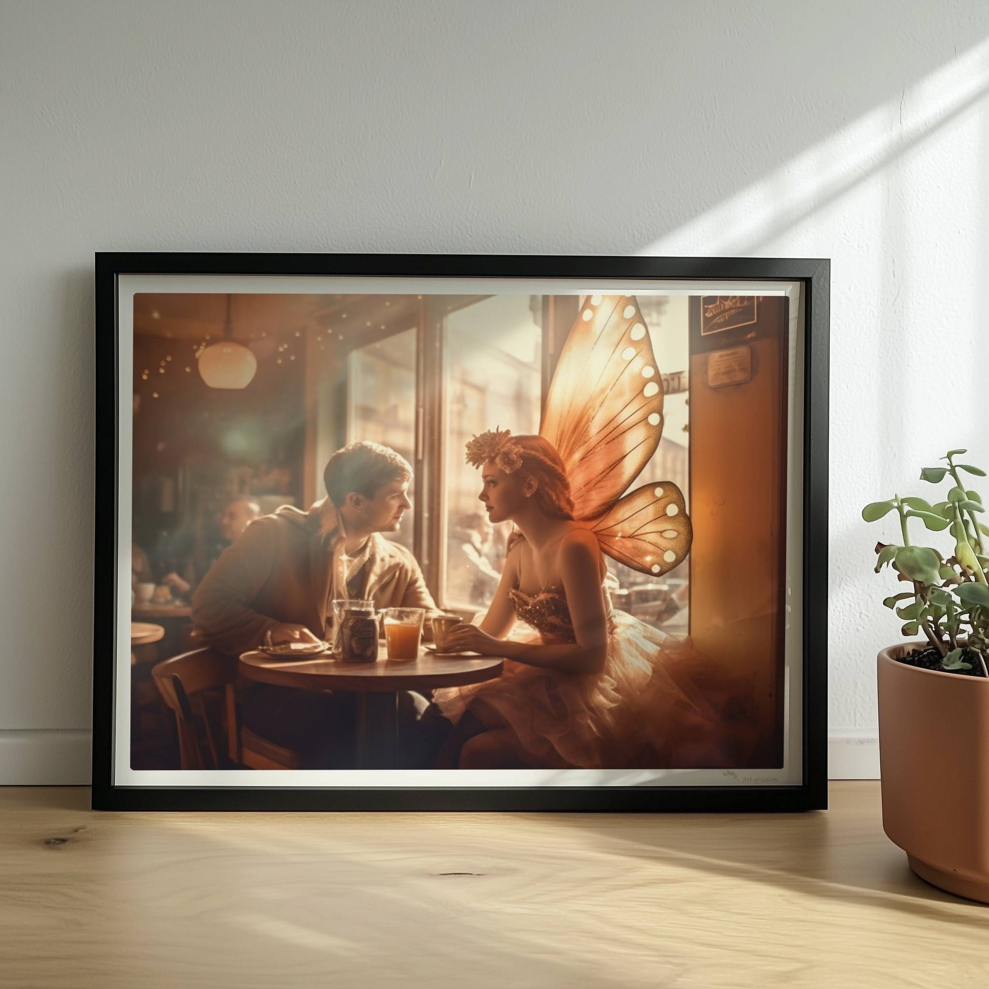 Ein verliebtes Paar sitzt in einem stimmungsvollen Café, die Frau trägt ein Feenkostüm mit großen, leuchtenden Schmetterlingsflügeln, romantische Lichtstimmung.. Rahmen schwarz 40x30