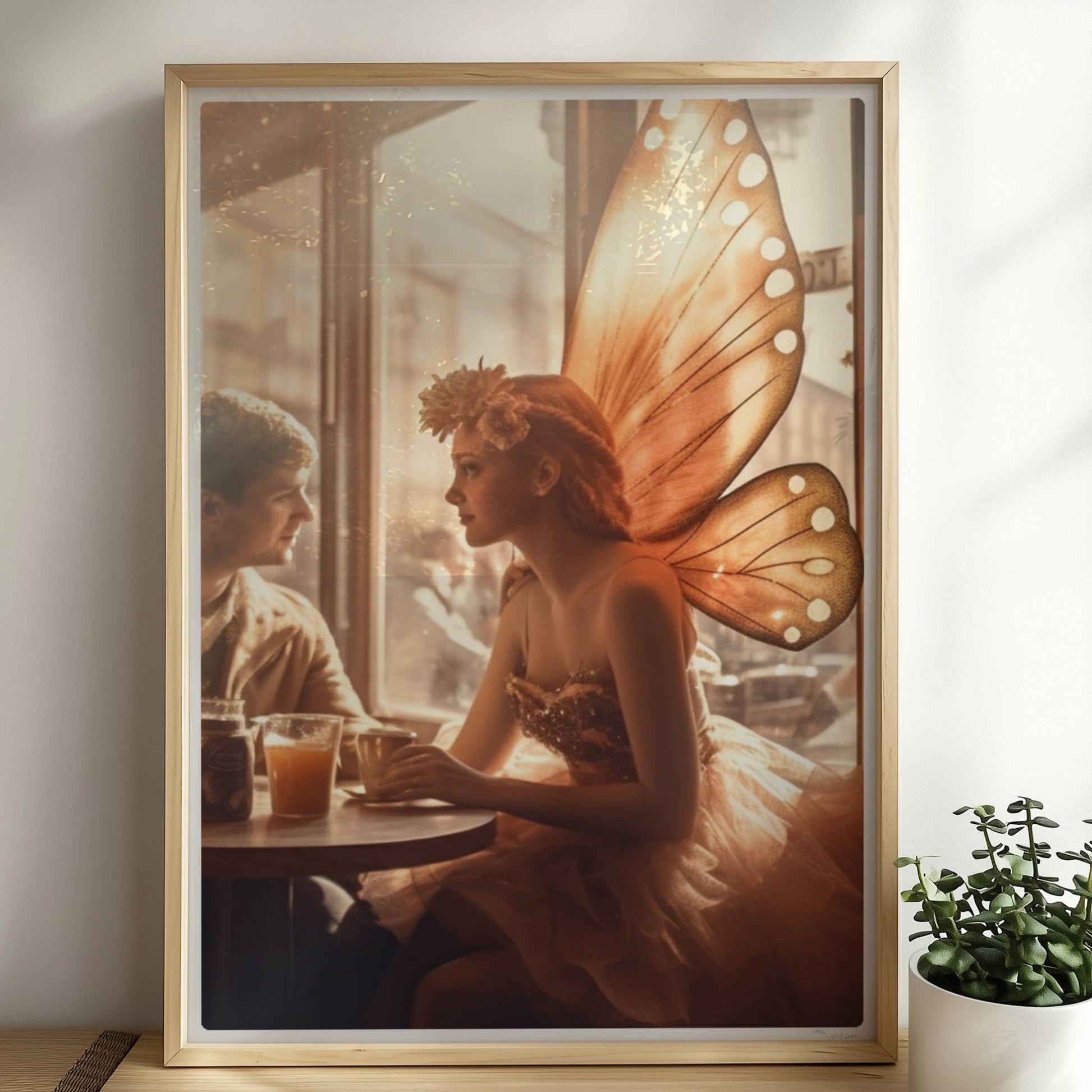 Ein verliebtes Paar sitzt in einem stimmungsvollen Café, die Frau trägt ein Feenkostüm mit großen, leuchtenden Schmetterlingsflügeln, romantische Lichtstimmung.. Rahmen natur 50x70