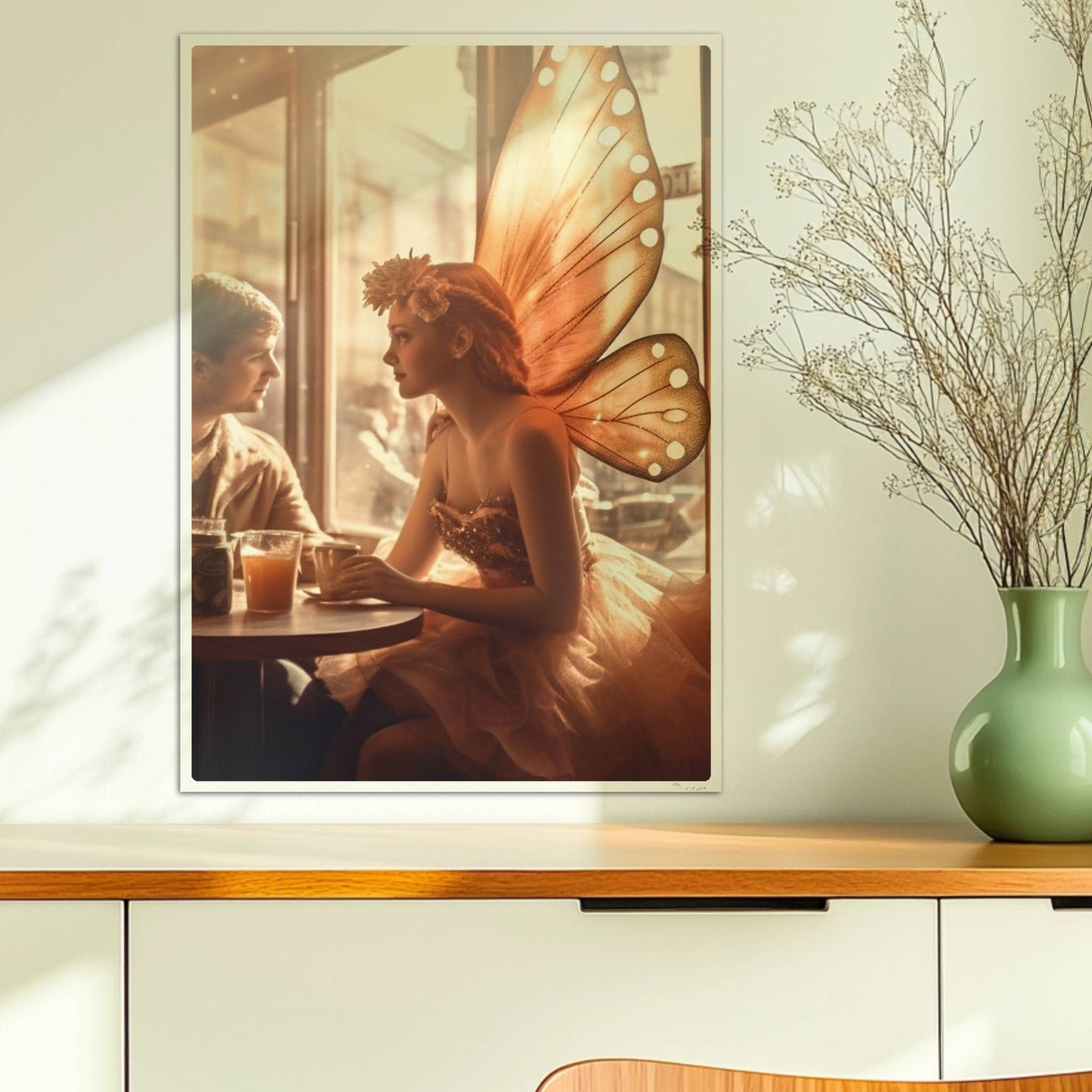 Ein verliebtes Paar sitzt in einem stimmungsvollen Café, die Frau trägt ein Feenkostüm mit großen, leuchtenden Schmetterlingsflügeln, romantische Lichtstimmung.. Ohne Rahmen 50x70
