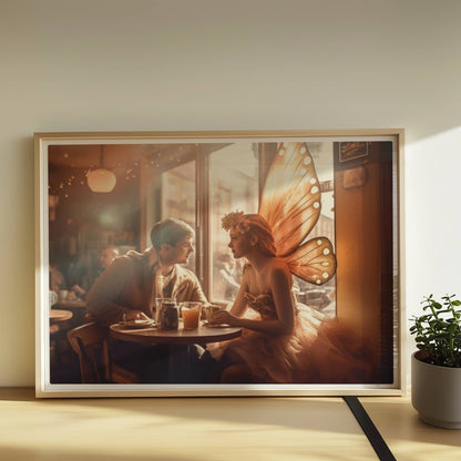 Ein verliebtes Paar sitzt in einem stimmungsvollen Café, die Frau trägt ein Feenkostüm mit großen, leuchtenden Schmetterlingsflügeln, romantische Lichtstimmung.. Rahmen natur 70x50