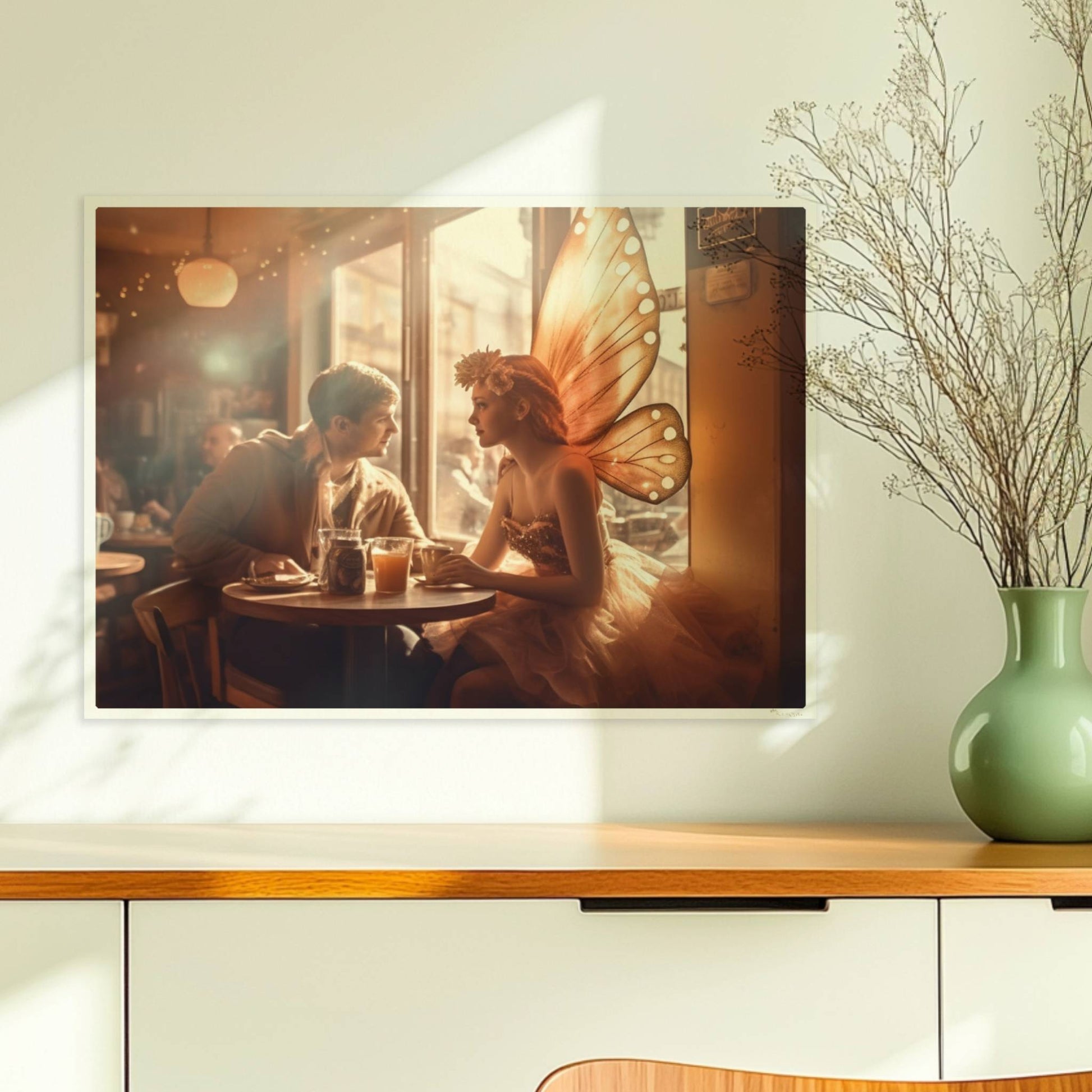 Ein verliebtes Paar sitzt in einem stimmungsvollen Café, die Frau trägt ein Feenkostüm mit großen, leuchtenden Schmetterlingsflügeln, romantische Lichtstimmung.. Ohne Rahmen 70x50