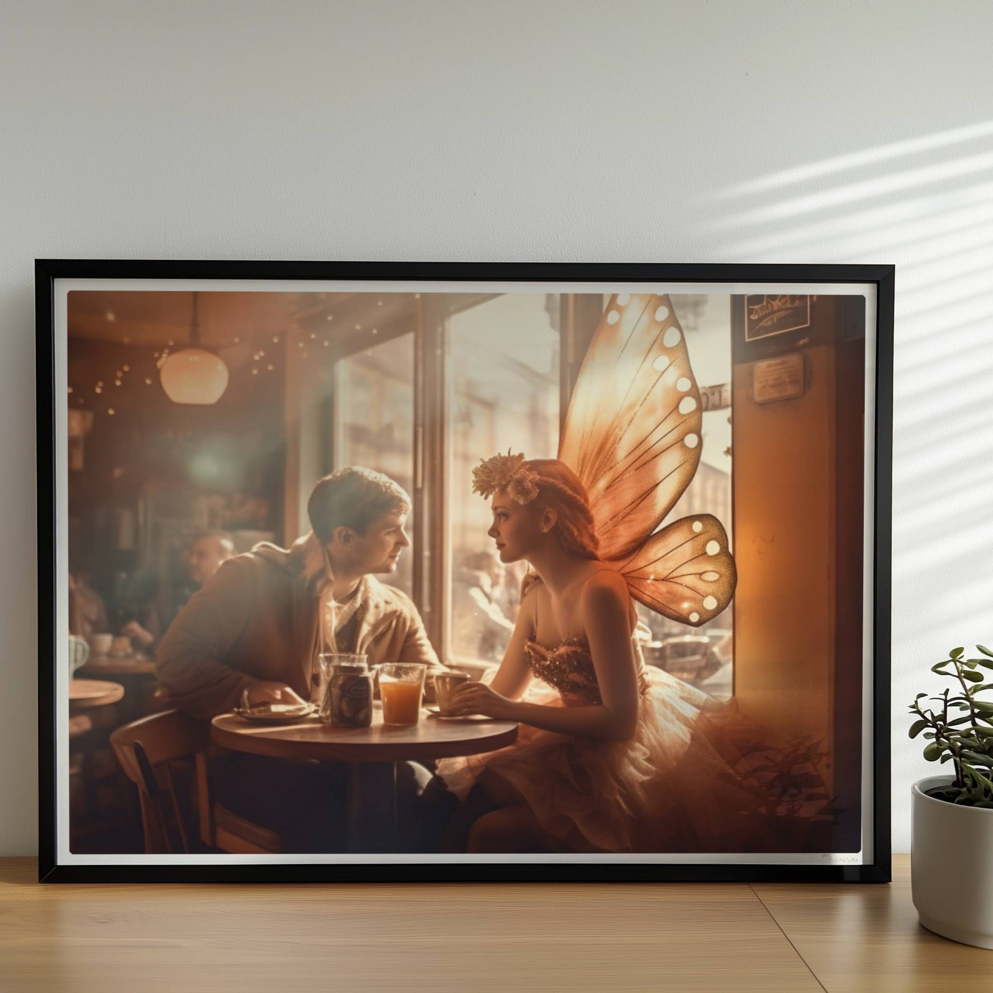 Ein verliebtes Paar sitzt in einem stimmungsvollen Café, die Frau trägt ein Feenkostüm mit großen, leuchtenden Schmetterlingsflügeln, romantische Lichtstimmung.. Rahmen schwarz 70x50