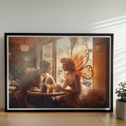 Ein verliebtes Paar sitzt in einem stimmungsvollen Café, die Frau trägt ein Feenkostüm mit großen, leuchtenden Schmetterlingsflügeln, romantische Lichtstimmung.. Rahmen schwarz 70x50