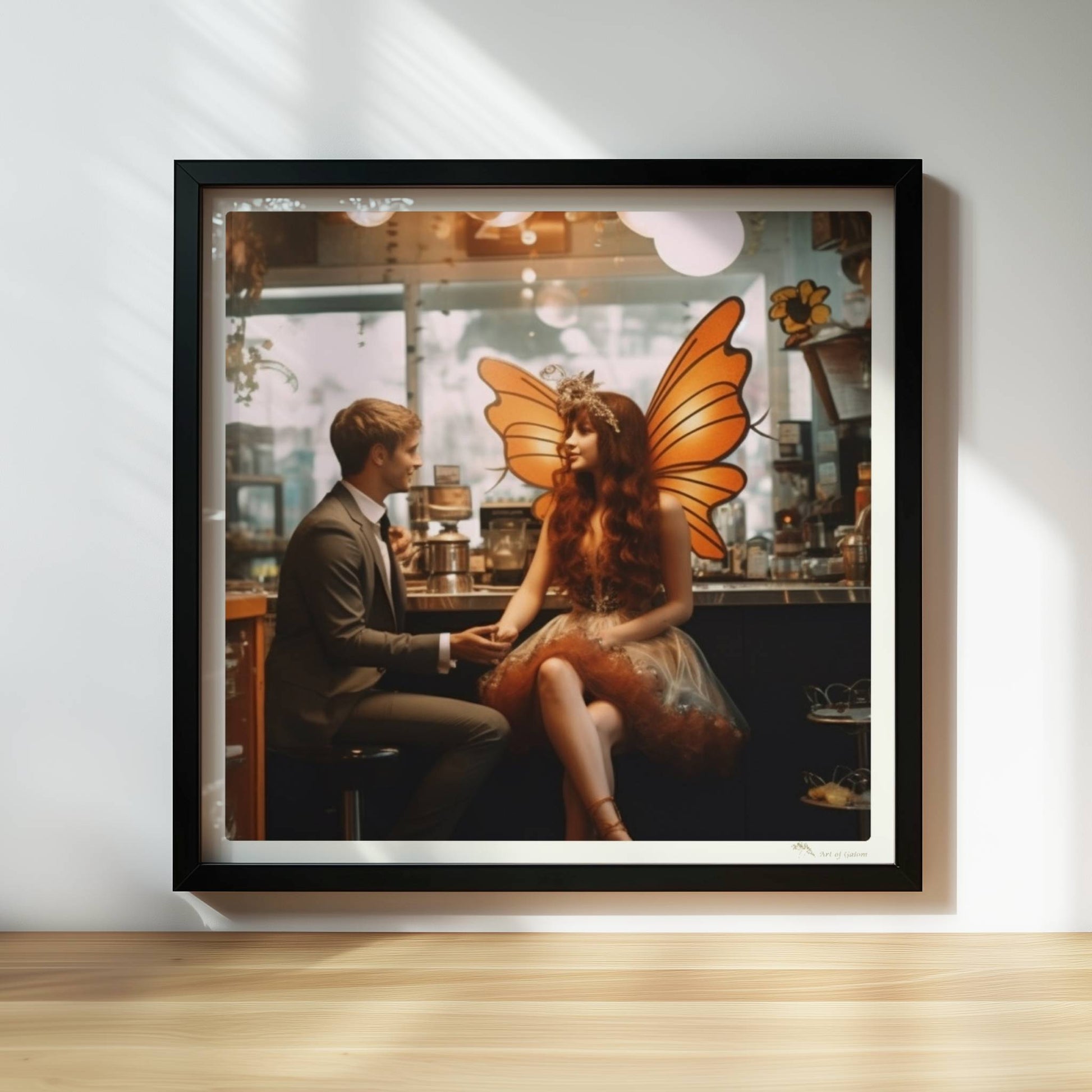 Ein elegantes Paar im Café, die Frau trägt ein detailreiches Feenkostüm mit orangefarbenen Schmetterlingsflügeln, verträumte Atmosphäre.. Rahmen schwarz 30x30
