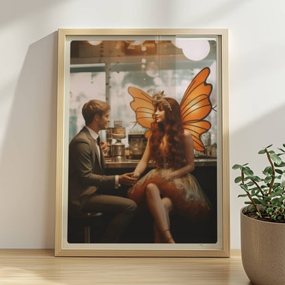 Ein elegantes Paar im Café, die Frau trägt ein detailreiches Feenkostüm mit orangefarbenen Schmetterlingsflügeln, verträumte Atmosphäre.. Rahmen natur 30x40
