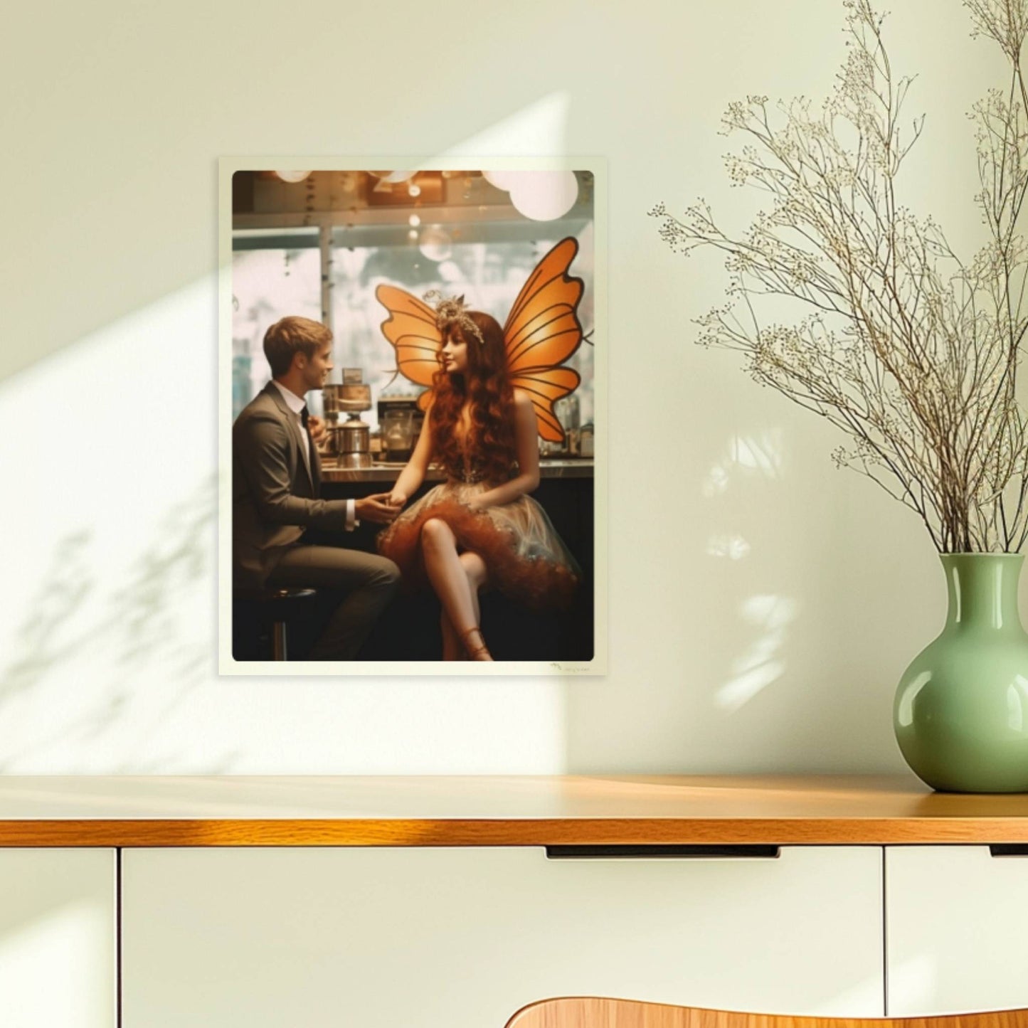 Ein elegantes Paar im Café, die Frau trägt ein detailreiches Feenkostüm mit orangefarbenen Schmetterlingsflügeln, verträumte Atmosphäre.. Ohne Rahmen 30x40