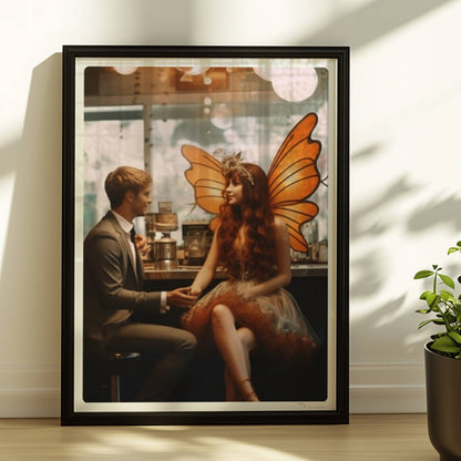 Ein elegantes Paar im Café, die Frau trägt ein detailreiches Feenkostüm mit orangefarbenen Schmetterlingsflügeln, verträumte Atmosphäre.. Rahmen schwarz 30x40