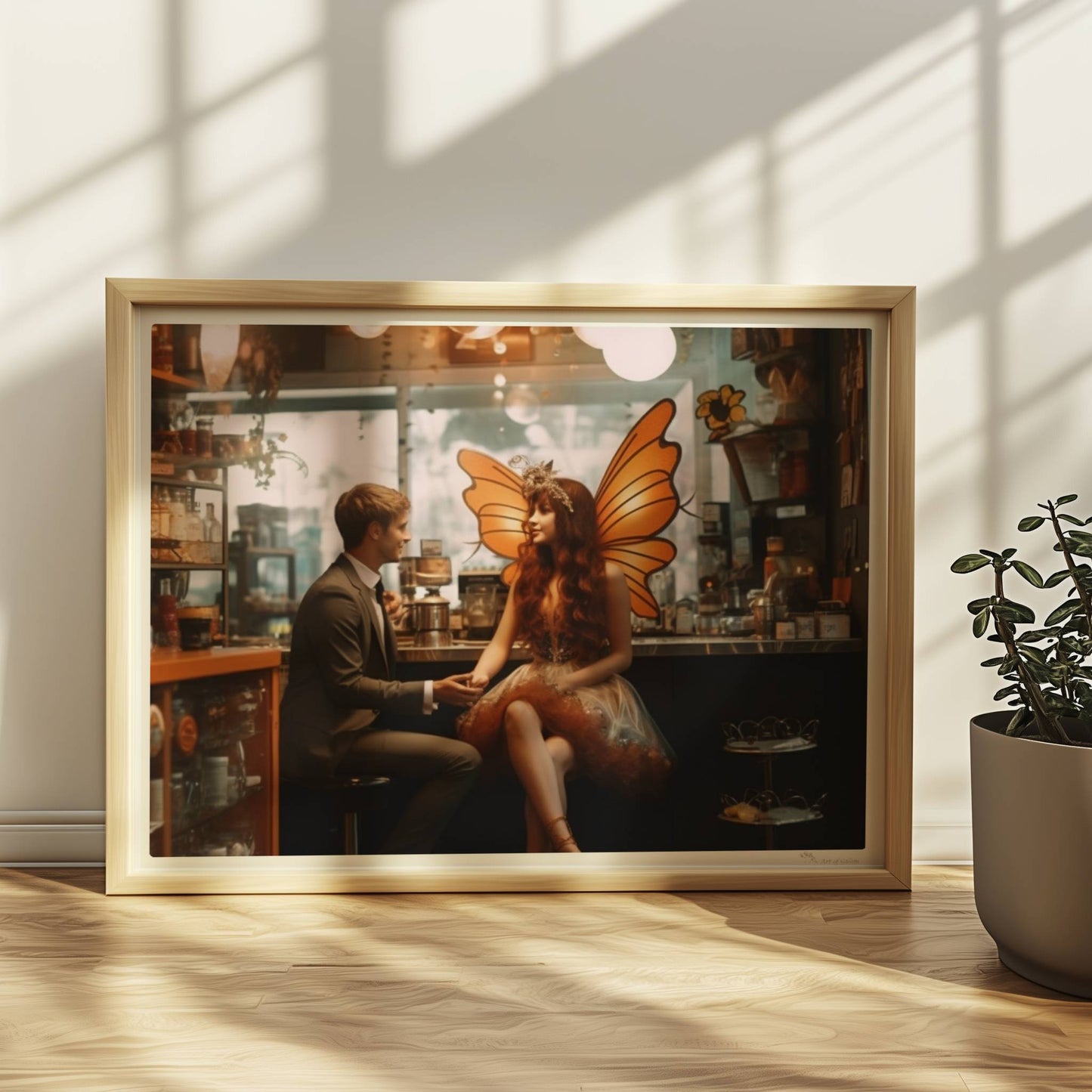 Ein elegantes Paar im Café, die Frau trägt ein detailreiches Feenkostüm mit orangefarbenen Schmetterlingsflügeln, verträumte Atmosphäre.. Rahmen natur 40x30