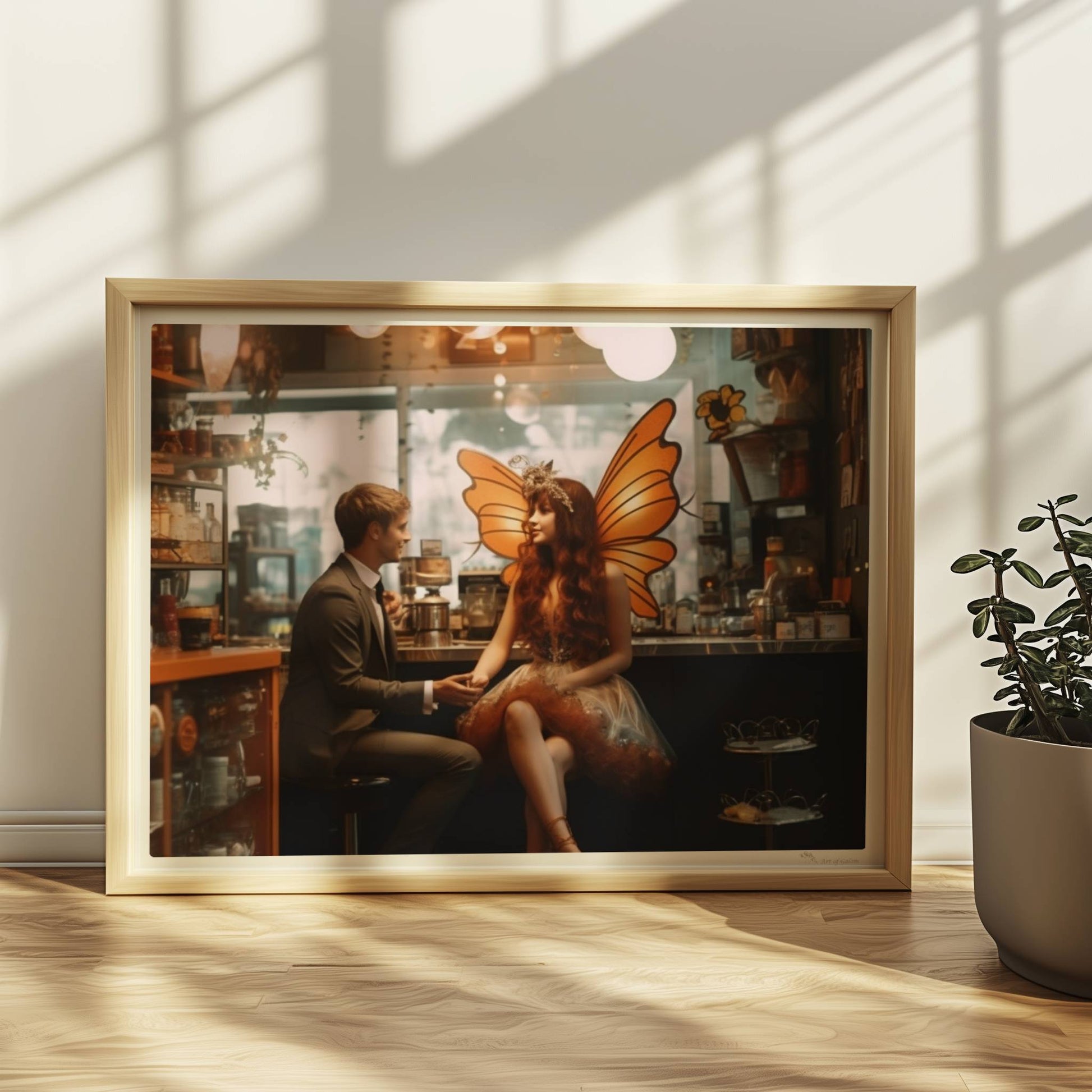Ein elegantes Paar im Café, die Frau trägt ein detailreiches Feenkostüm mit orangefarbenen Schmetterlingsflügeln, verträumte Atmosphäre.. Rahmen natur 40x30