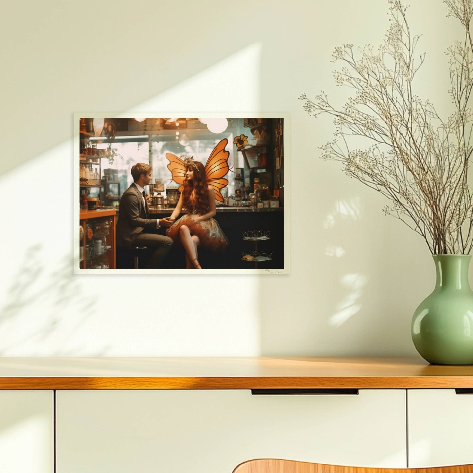 Ein elegantes Paar im Café, die Frau trägt ein detailreiches Feenkostüm mit orangefarbenen Schmetterlingsflügeln, verträumte Atmosphäre.. Ohne Rahmen 40x30