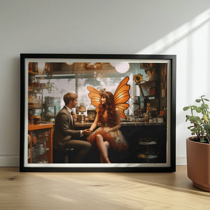 Ein elegantes Paar im Café, die Frau trägt ein detailreiches Feenkostüm mit orangefarbenen Schmetterlingsflügeln, verträumte Atmosphäre.. Rahmen schwarz 40x30