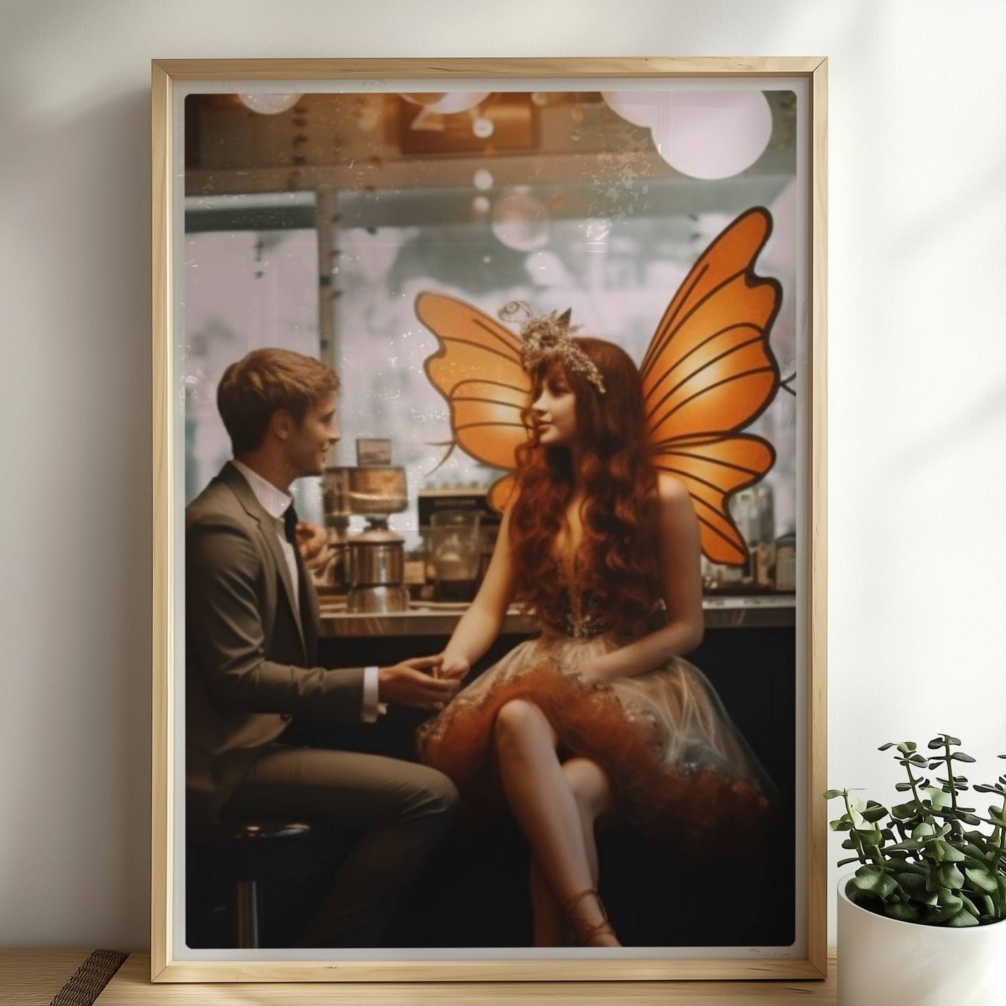 Ein elegantes Paar im Café, die Frau trägt ein detailreiches Feenkostüm mit orangefarbenen Schmetterlingsflügeln, verträumte Atmosphäre.. Rahmen natur 50x70