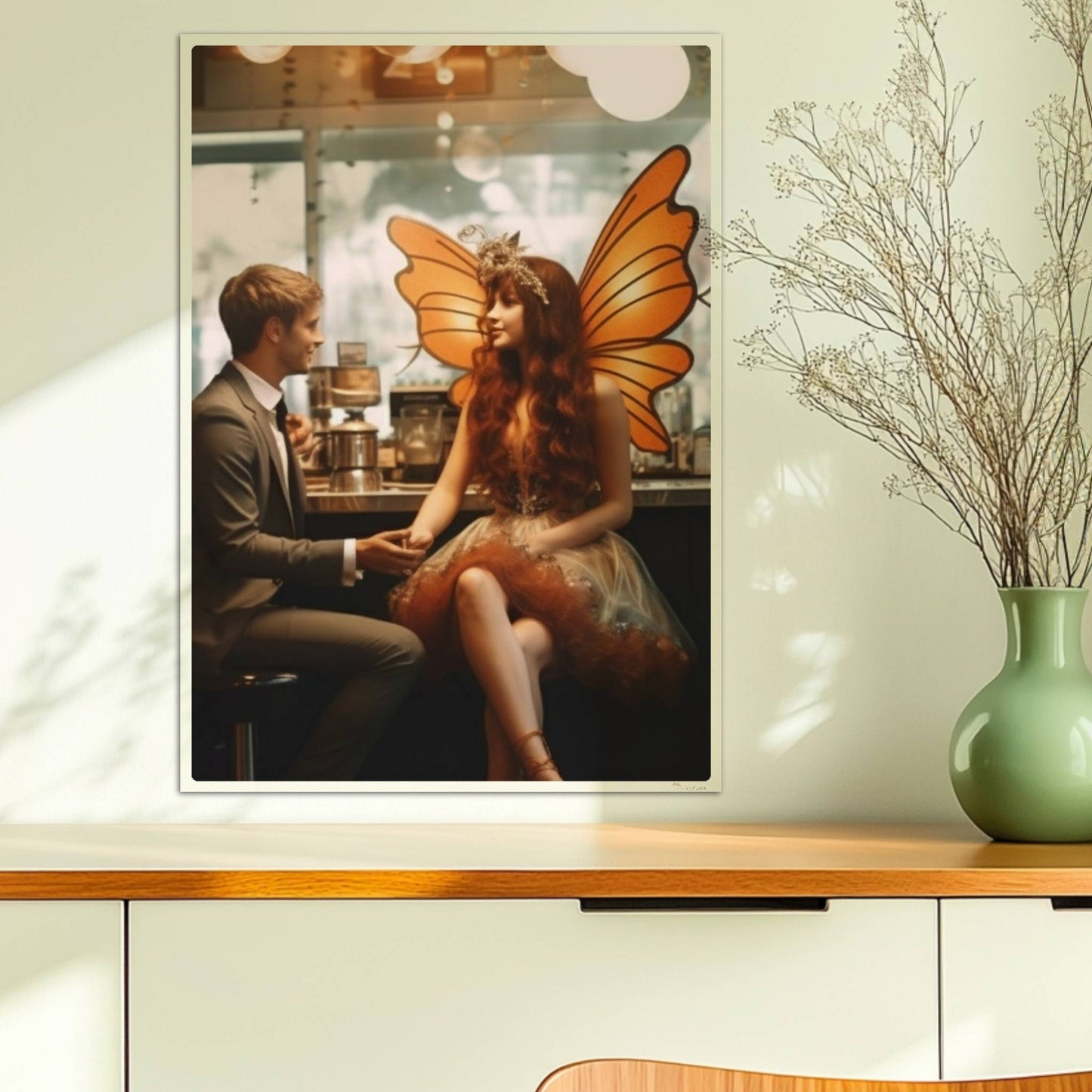 Ein elegantes Paar im Café, die Frau trägt ein detailreiches Feenkostüm mit orangefarbenen Schmetterlingsflügeln, verträumte Atmosphäre.. Ohne Rahmen 50x70