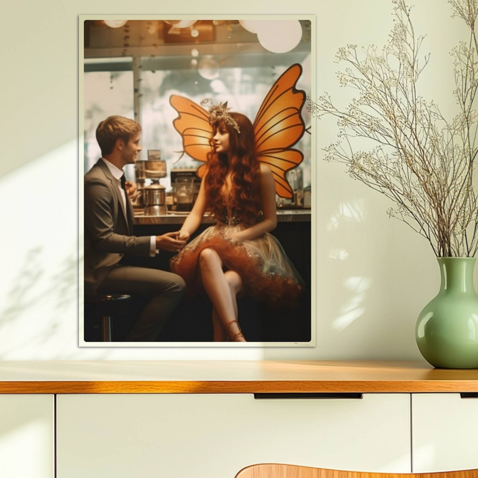 Ein elegantes Paar im Café, die Frau trägt ein detailreiches Feenkostüm mit orangefarbenen Schmetterlingsflügeln, verträumte Atmosphäre.. Ohne Rahmen 50x70