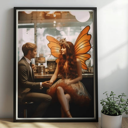Ein elegantes Paar im Café, die Frau trägt ein detailreiches Feenkostüm mit orangefarbenen Schmetterlingsflügeln, verträumte Atmosphäre.. Rahmen schwarz 50x70