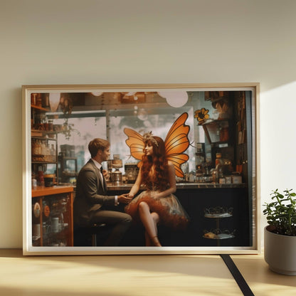 Ein elegantes Paar im Café, die Frau trägt ein detailreiches Feenkostüm mit orangefarbenen Schmetterlingsflügeln, verträumte Atmosphäre.. Rahmen natur 70x50