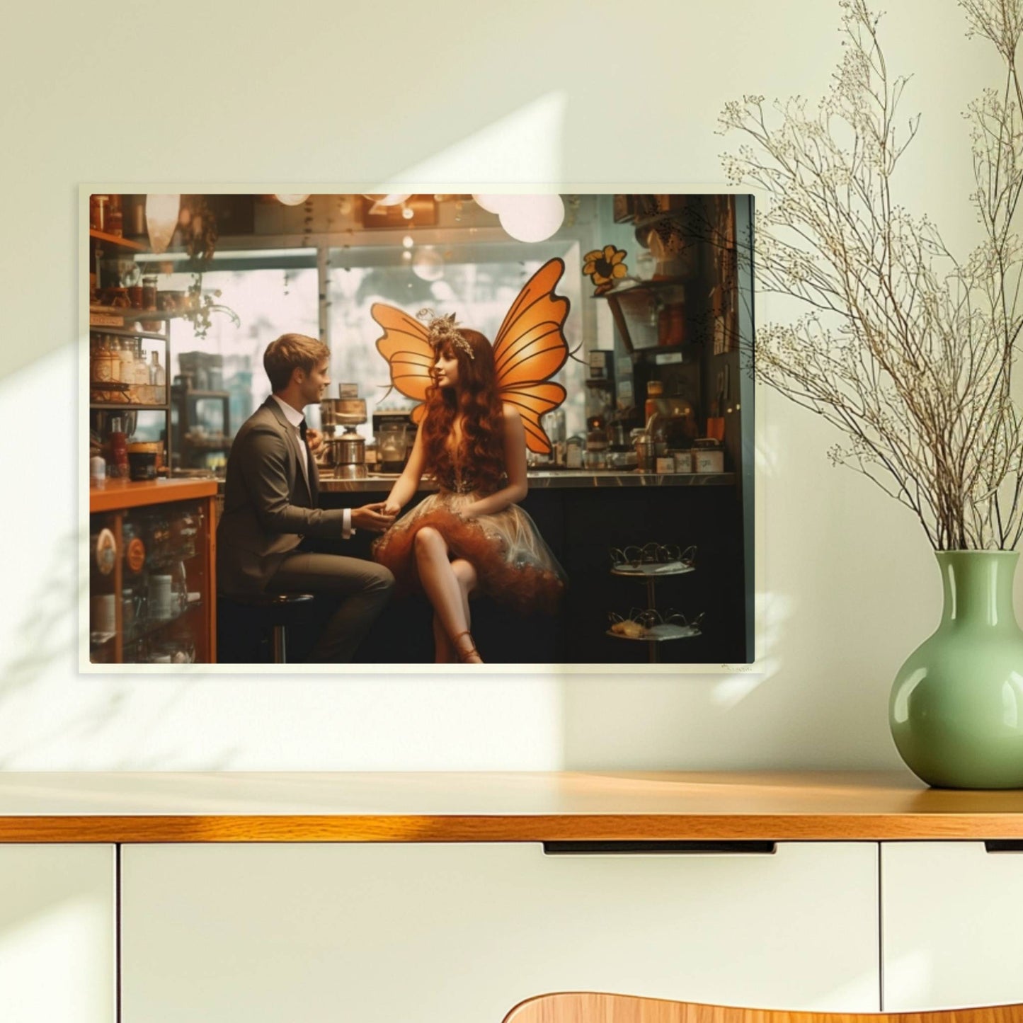 Ein elegantes Paar im Café, die Frau trägt ein detailreiches Feenkostüm mit orangefarbenen Schmetterlingsflügeln, verträumte Atmosphäre.. Ohne Rahmen 70x50