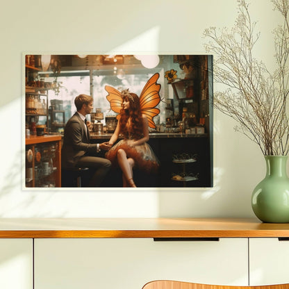 Ein elegantes Paar im Café, die Frau trägt ein detailreiches Feenkostüm mit orangefarbenen Schmetterlingsflügeln, verträumte Atmosphäre.. Ohne Rahmen 70x50