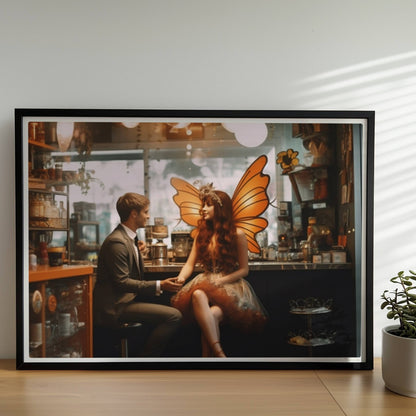 Ein elegantes Paar im Café, die Frau trägt ein detailreiches Feenkostüm mit orangefarbenen Schmetterlingsflügeln, verträumte Atmosphäre.. Rahmen schwarz 70x50