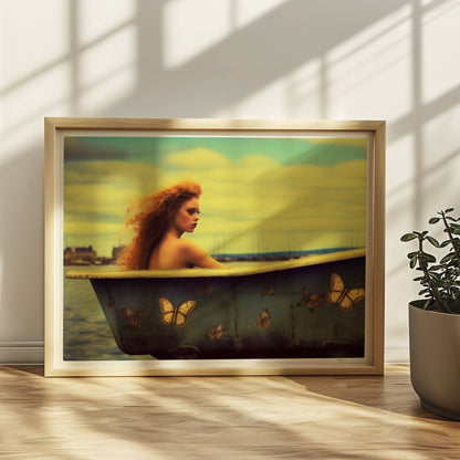 Eine rothaarige Frau sitzt verträumt in einer alten Badewanne mit Schmetterlingsmotiven am Wasser, surreal und märchenhaft.. Rahmen natur 40x30