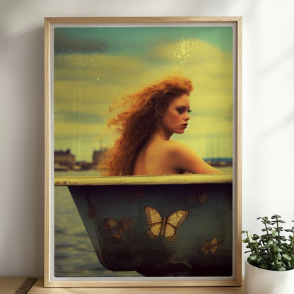 Eine rothaarige Frau sitzt verträumt in einer alten Badewanne mit Schmetterlingsmotiven am Wasser, surreal und märchenhaft.. Rahmen natur 50x70