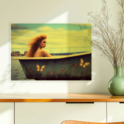 Eine rothaarige Frau sitzt verträumt in einer alten Badewanne mit Schmetterlingsmotiven am Wasser, surreal und märchenhaft.. Ohne Rahmen 70x50