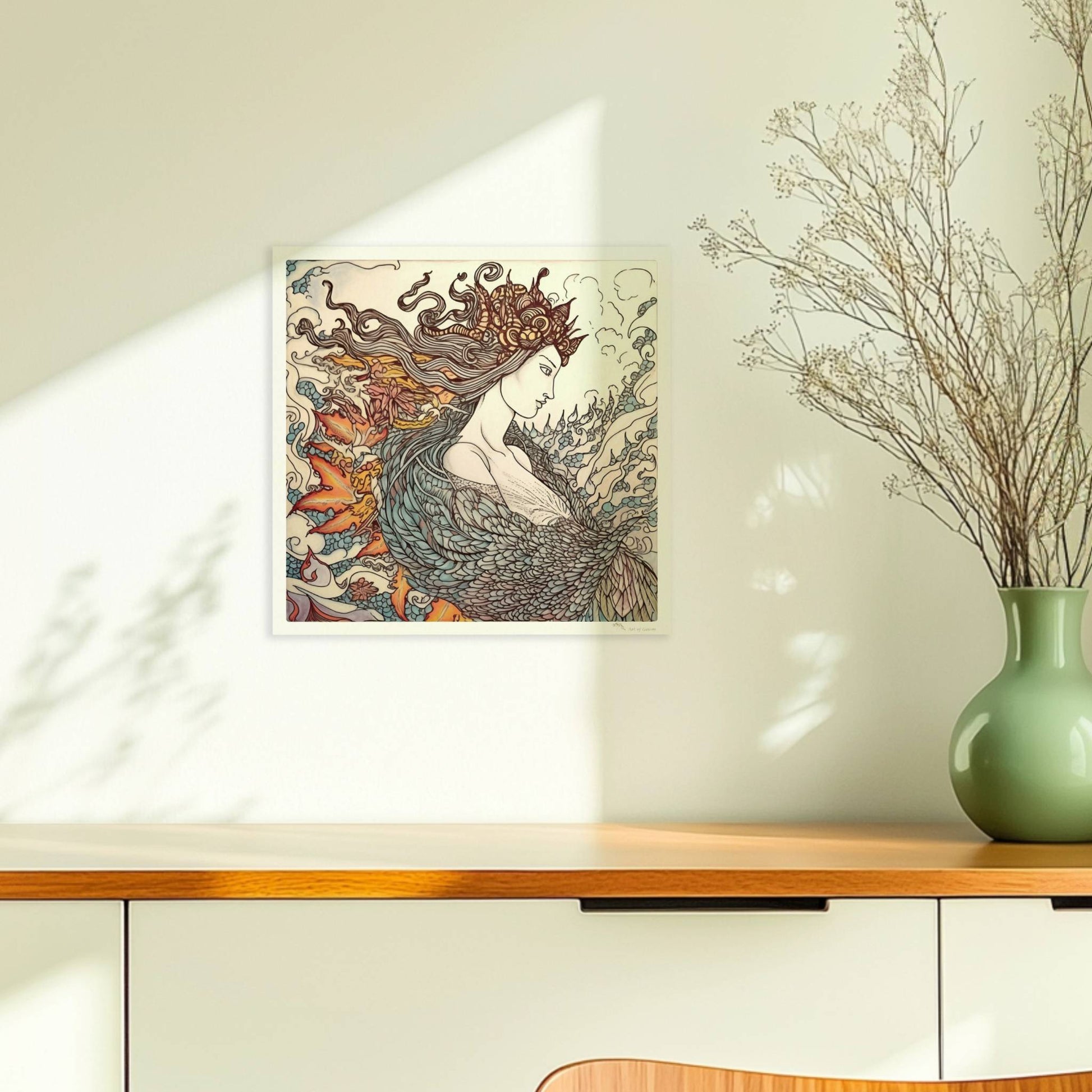 Eine phantasievolle Zeichnung einer Frau mit fließendem Haar, die sich in einen mythischen Phönix verwandelt. Kunstvoll und detailreich.. Ohne Rahmen 30x30