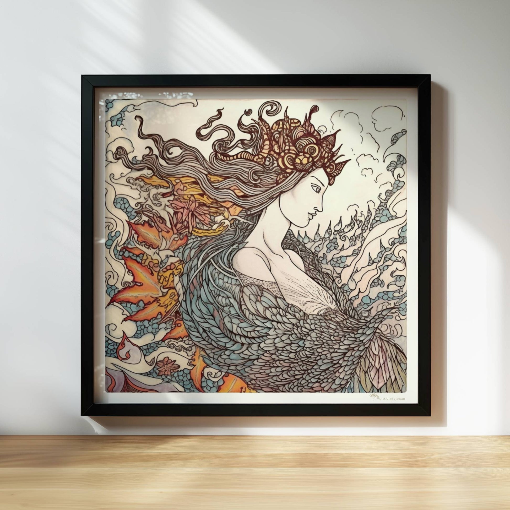 Eine phantasievolle Zeichnung einer Frau mit fließendem Haar, die sich in einen mythischen Phönix verwandelt. Kunstvoll und detailreich.. Rahmen schwarz 30x30