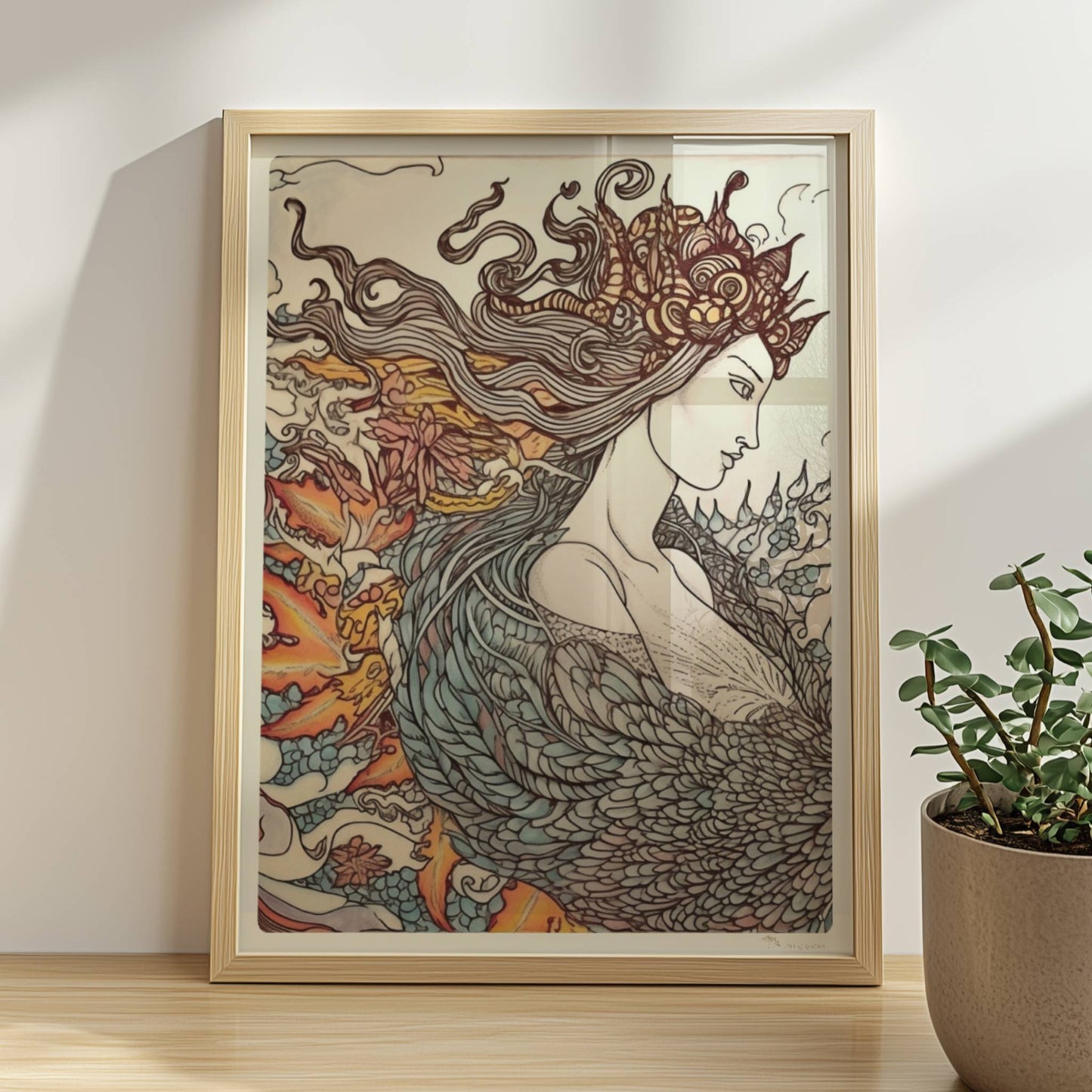Eine phantasievolle Zeichnung einer Frau mit fließendem Haar, die sich in einen mythischen Phönix verwandelt. Kunstvoll und detailreich.. Rahmen natur 30x40