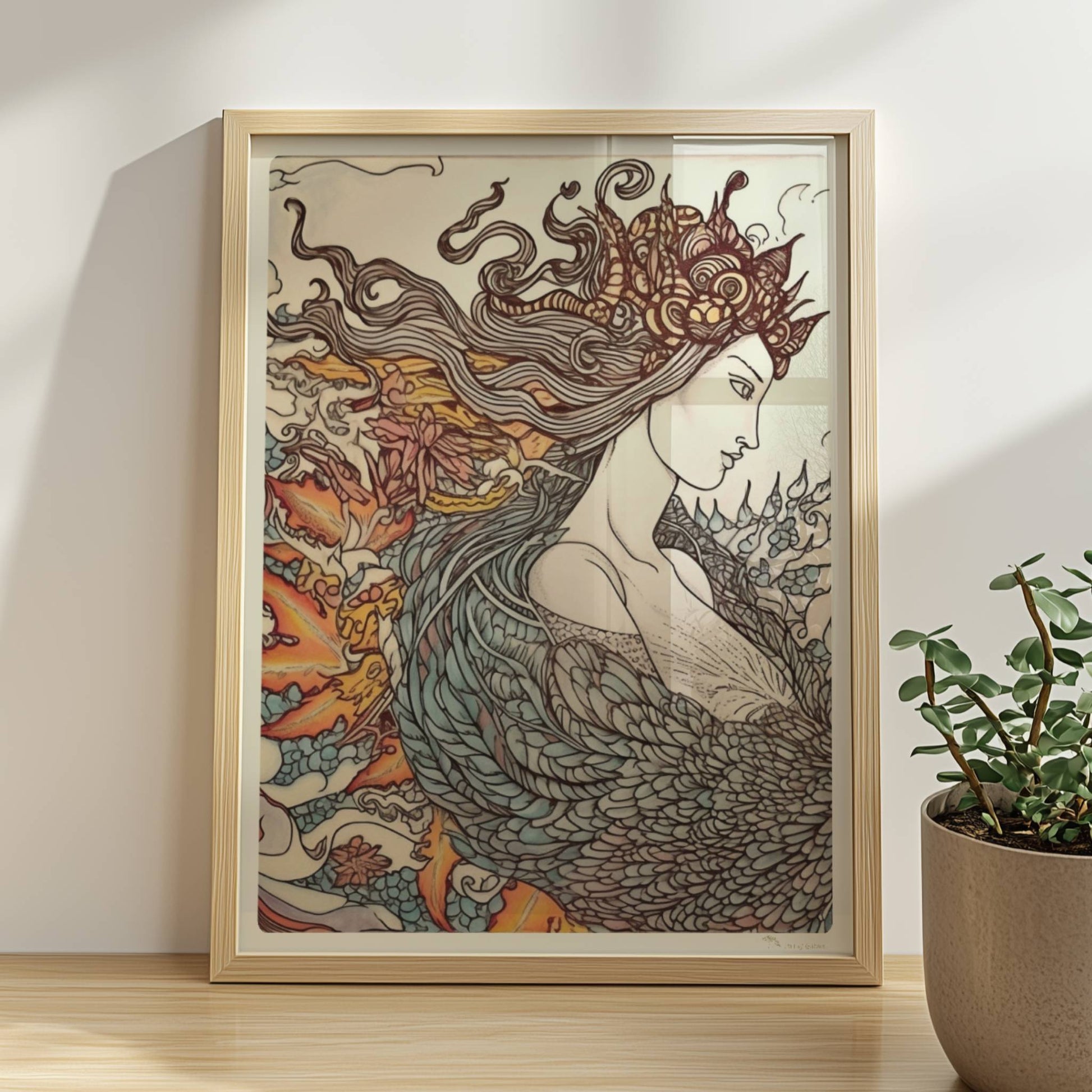 Eine phantasievolle Zeichnung einer Frau mit fließendem Haar, die sich in einen mythischen Phönix verwandelt. Kunstvoll und detailreich.. Rahmen natur 30x40