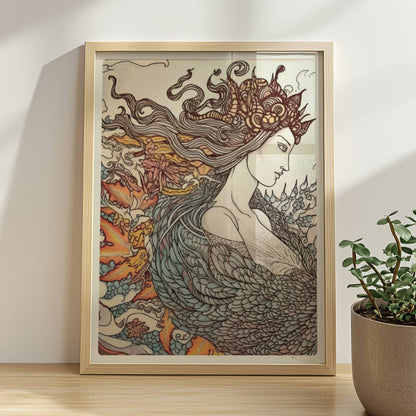 Eine phantasievolle Zeichnung einer Frau mit fließendem Haar, die sich in einen mythischen Phönix verwandelt. Kunstvoll und detailreich.. Rahmen natur 30x40