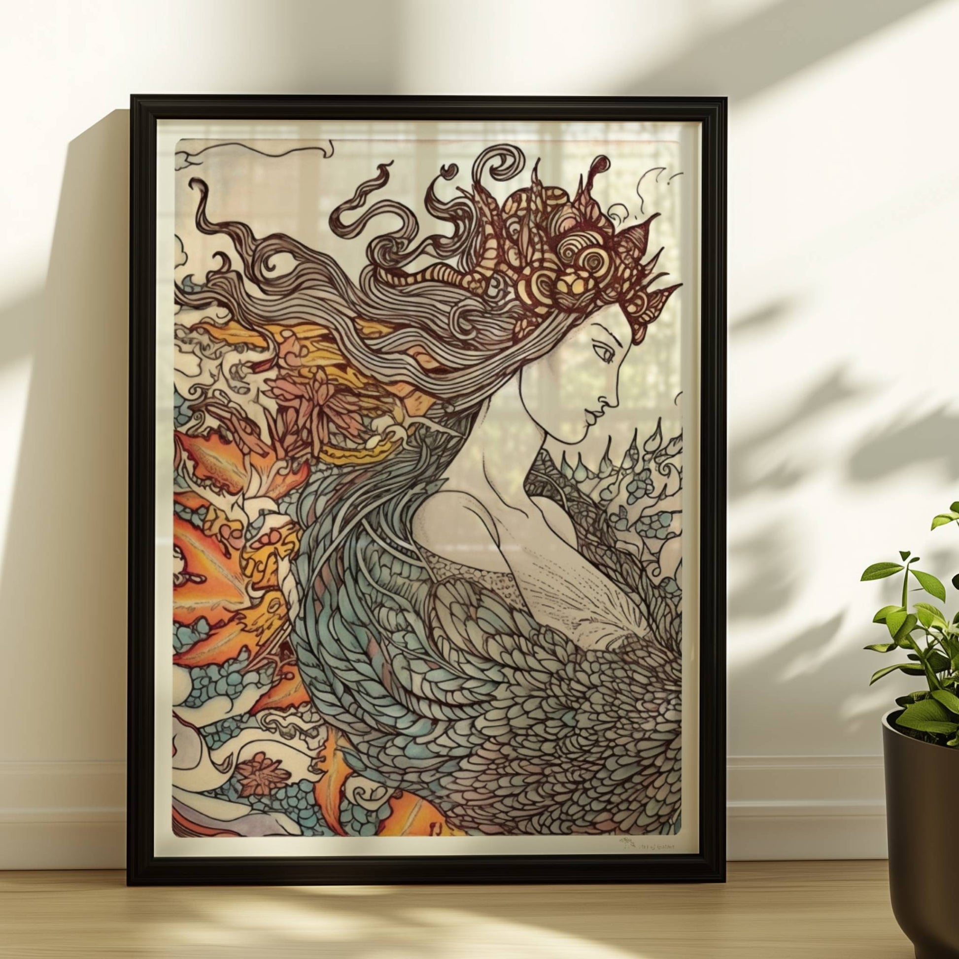 Eine phantasievolle Zeichnung einer Frau mit fließendem Haar, die sich in einen mythischen Phönix verwandelt. Kunstvoll und detailreich.. Rahmen schwarz 30x40