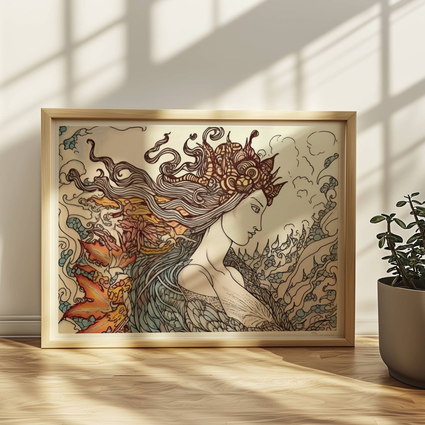 Eine phantasievolle Zeichnung einer Frau mit fließendem Haar, die sich in einen mythischen Phönix verwandelt. Kunstvoll und detailreich.. Rahmen natur 40x30