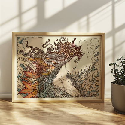 Eine phantasievolle Zeichnung einer Frau mit fließendem Haar, die sich in einen mythischen Phönix verwandelt. Kunstvoll und detailreich.. Rahmen natur 40x30