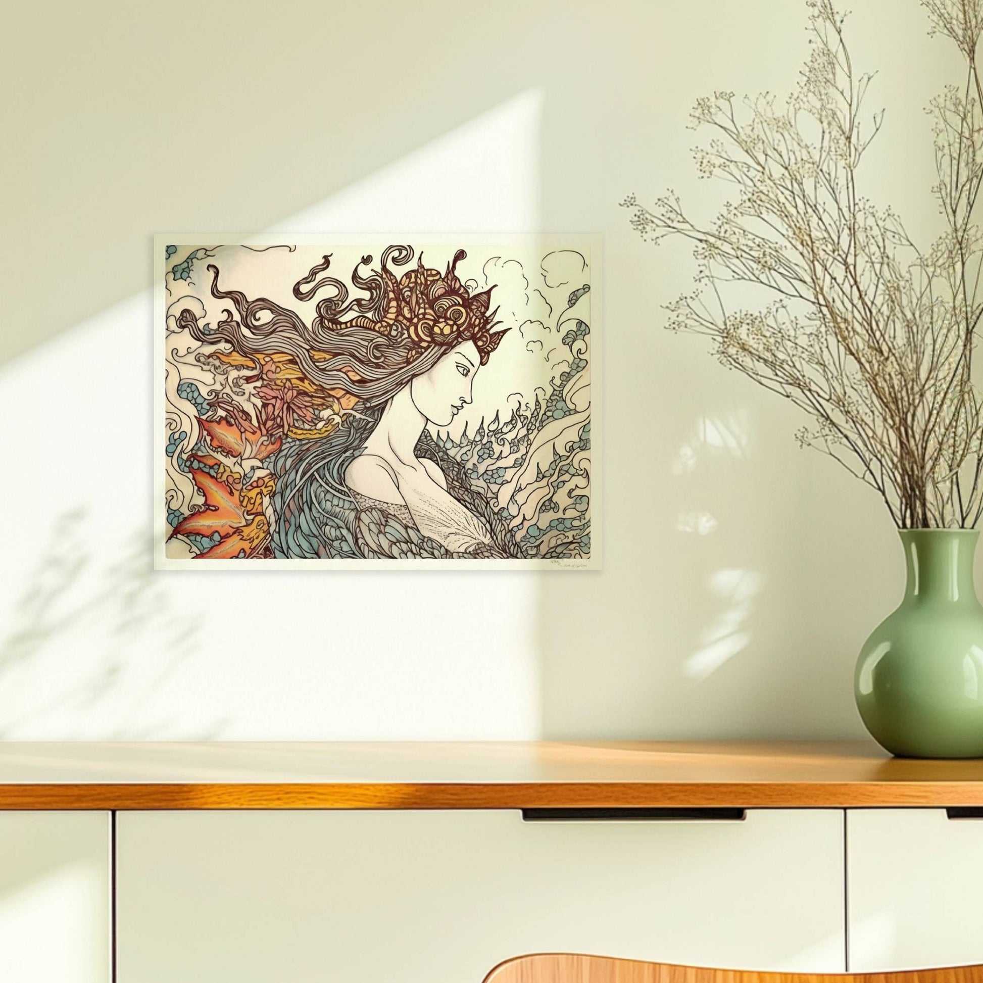 Eine phantasievolle Zeichnung einer Frau mit fließendem Haar, die sich in einen mythischen Phönix verwandelt. Kunstvoll und detailreich.. Ohne Rahmen 40x30