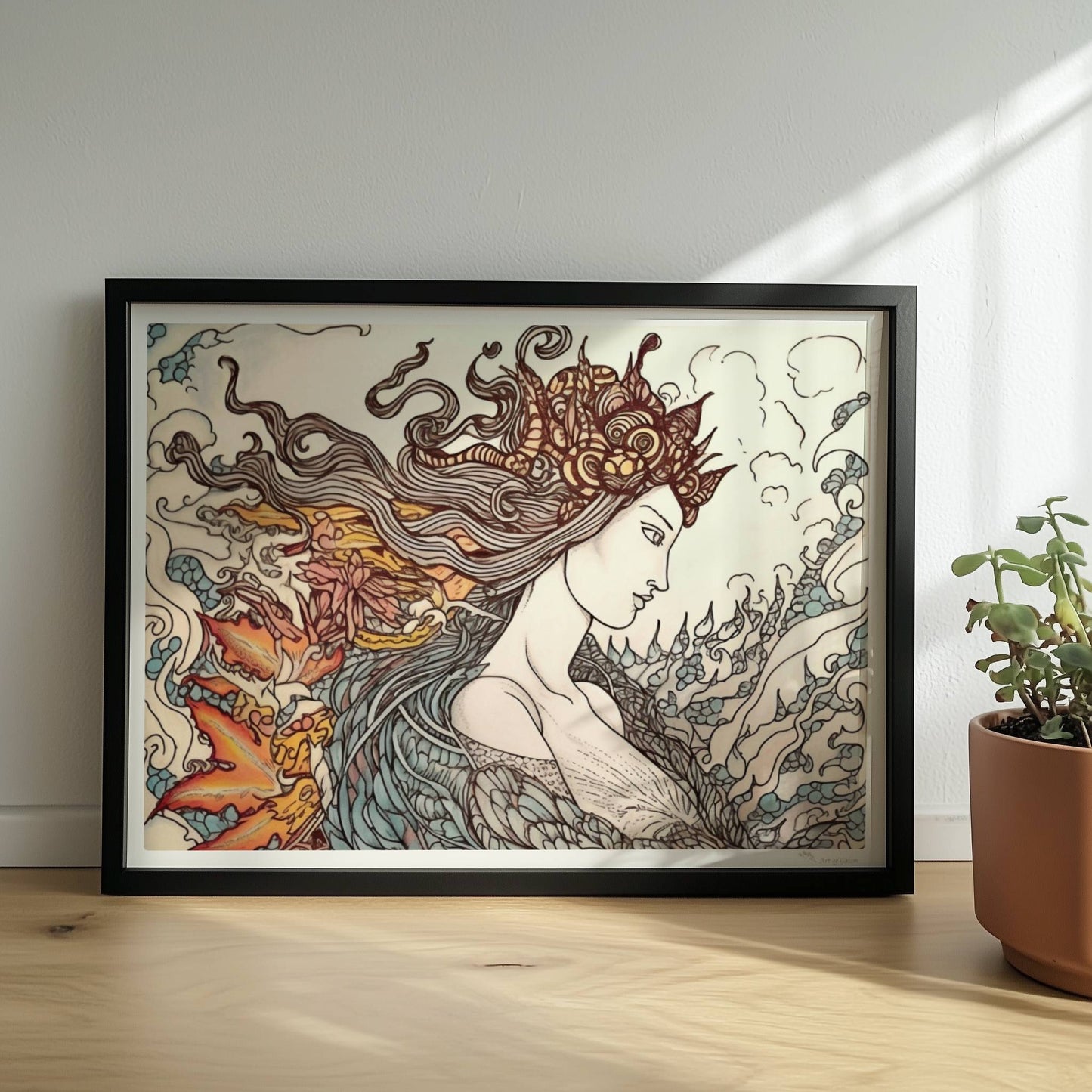 Eine phantasievolle Zeichnung einer Frau mit fließendem Haar, die sich in einen mythischen Phönix verwandelt. Kunstvoll und detailreich.. Rahmen schwarz 40x30