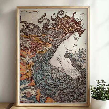 Eine phantasievolle Zeichnung einer Frau mit fließendem Haar, die sich in einen mythischen Phönix verwandelt. Kunstvoll und detailreich.. Rahmen natur 50x70