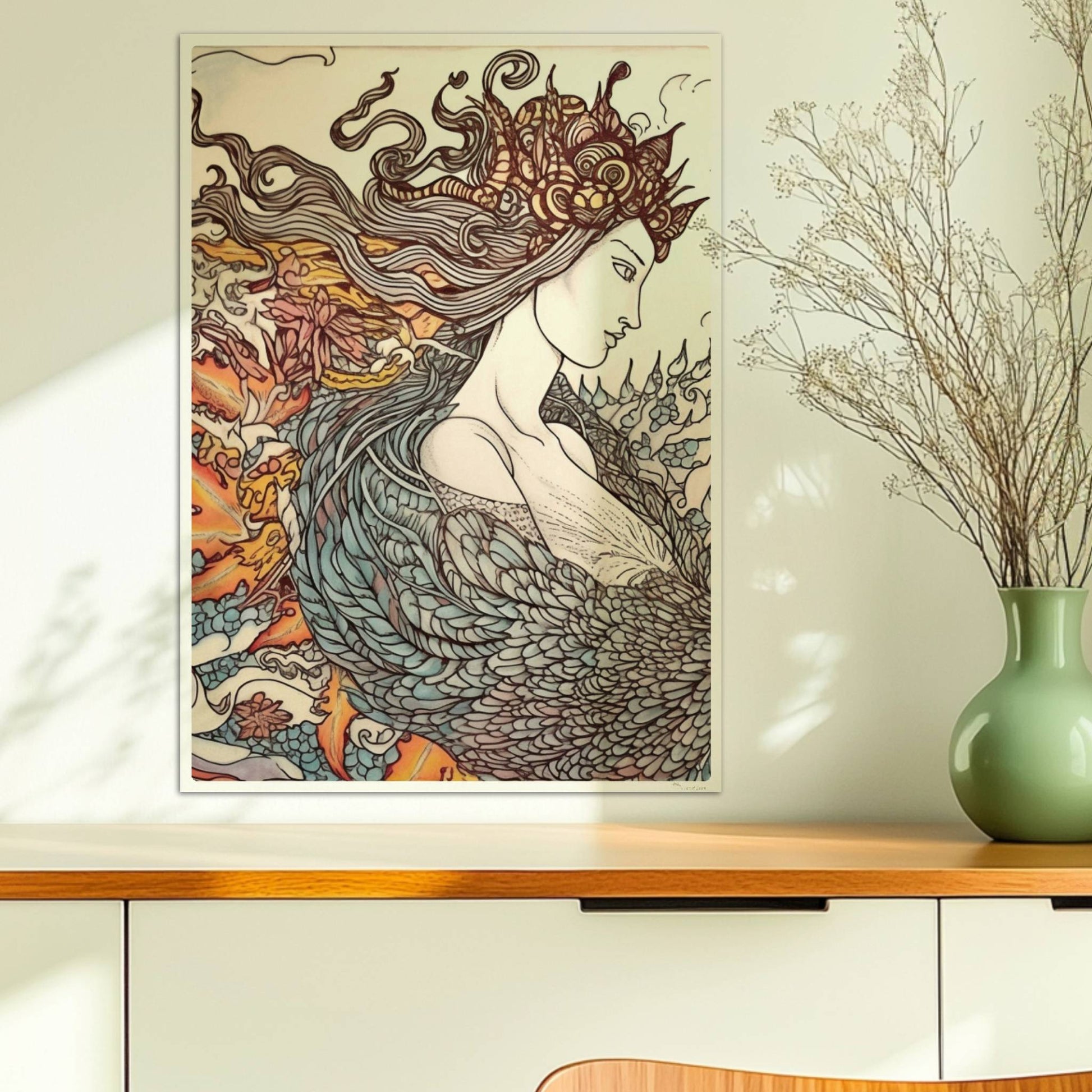Eine phantasievolle Zeichnung einer Frau mit fließendem Haar, die sich in einen mythischen Phönix verwandelt. Kunstvoll und detailreich.. Ohne Rahmen 50x70
