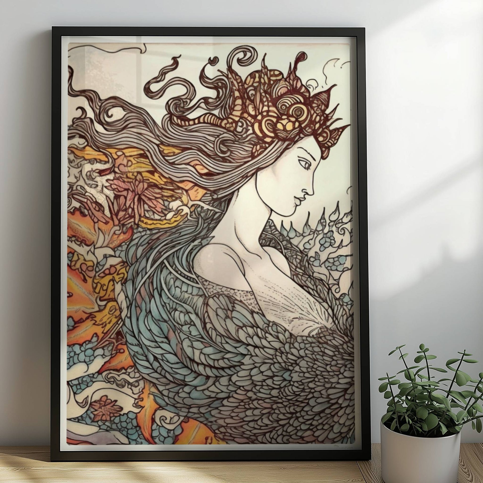 Eine phantasievolle Zeichnung einer Frau mit fließendem Haar, die sich in einen mythischen Phönix verwandelt. Kunstvoll und detailreich.. Rahmen schwarz 50x70